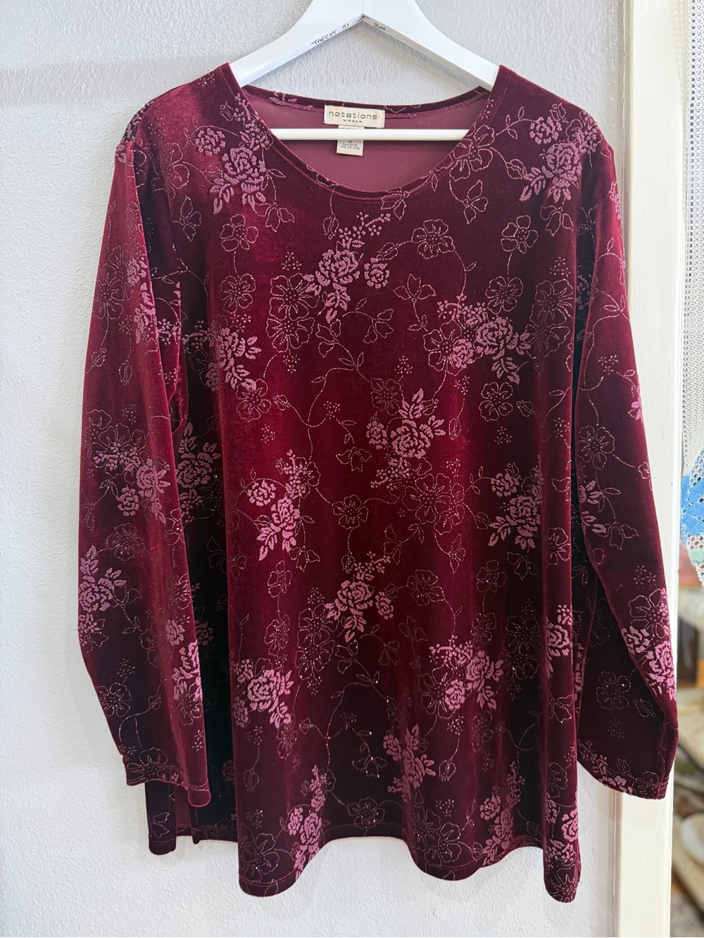 Notations Burgundy Floral Velvet Long Sleeve Tee